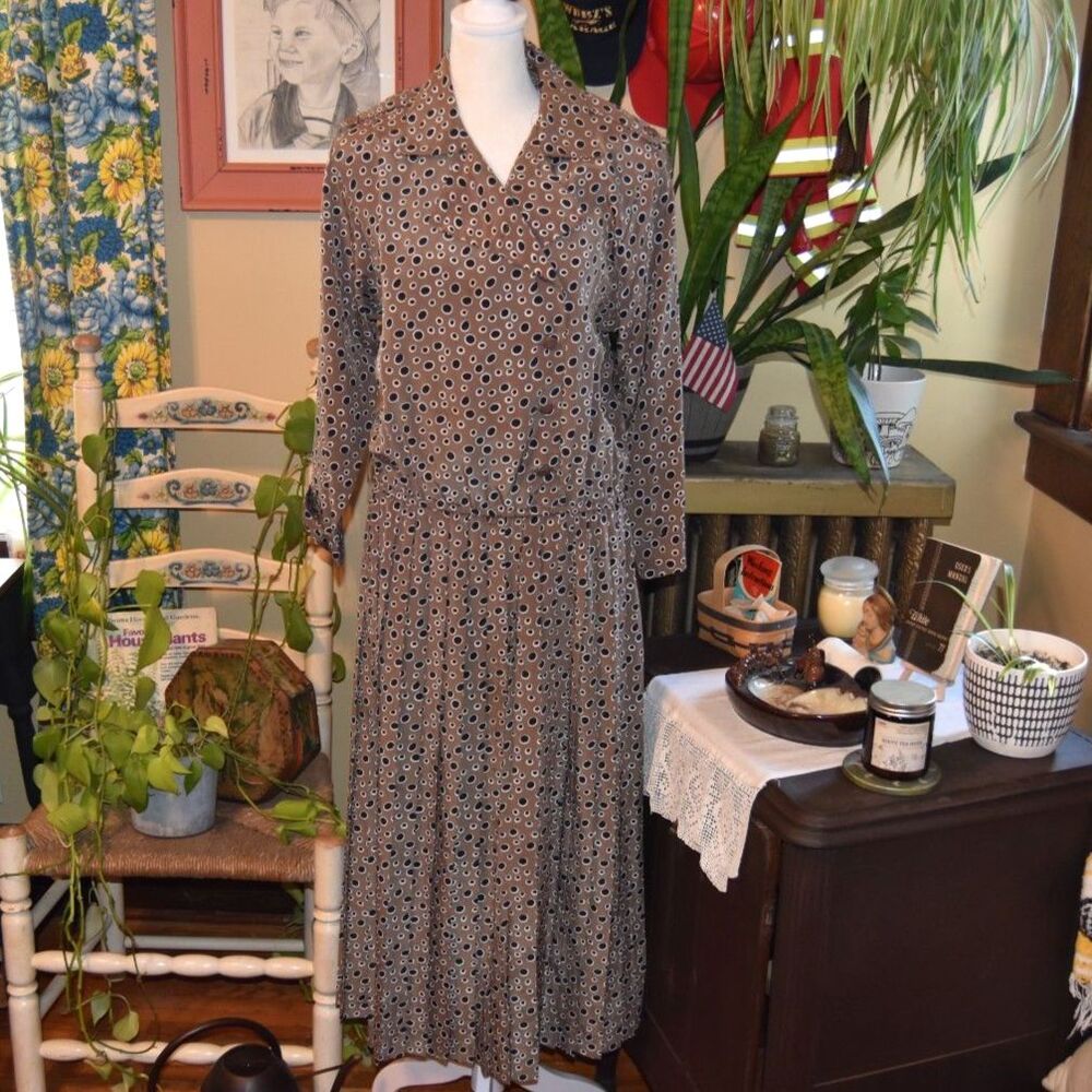 Vintage 80s Liz Roberts by Mary Ann Lamonte Maxi Dress Polka Dot Taupe Large